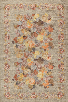Florart Bej / Sarı Vintage Dokulu Çiçek Desenli Dokuma Tabanlı Şönil Halı AL 471 - 2
