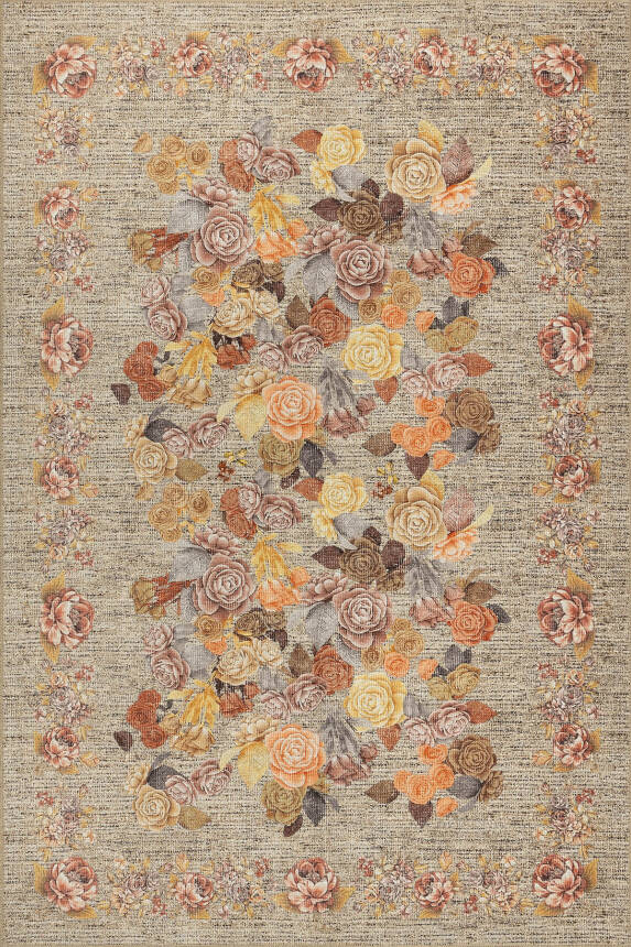 Florart Bej / Sarı Vintage Dokulu Çiçek Desenli Dokuma Tabanlı Şönil Halı AL 471 - 2