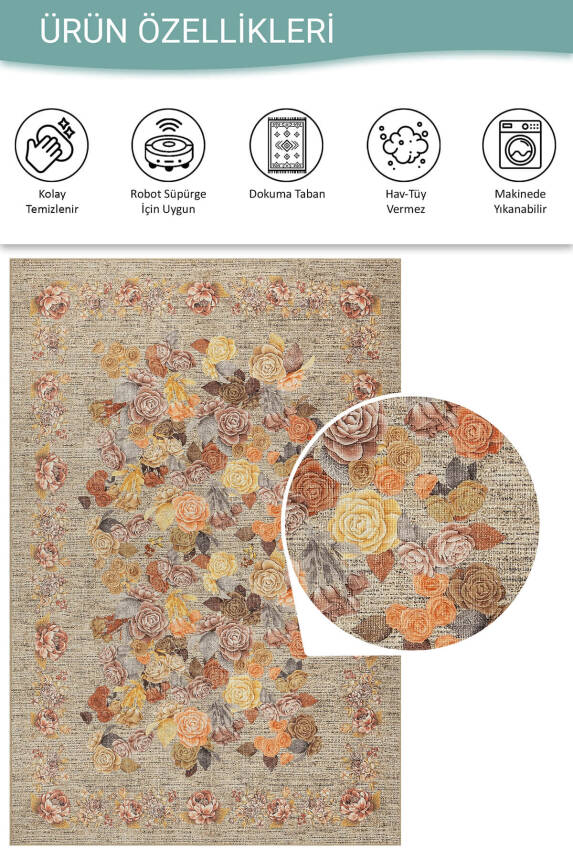 Florart Bej / Sarı Vintage Dokulu Çiçek Desenli Dokuma Tabanlı Şönil Halı AL 471 - 4