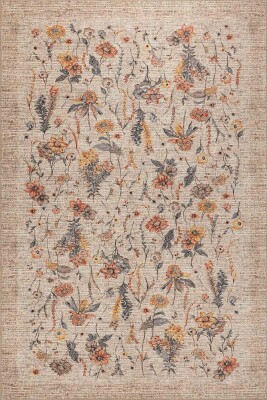 Florart Bej / Turuncu Vintage Dokulu Çiçek Desenli Dokuma Tabanlı Şönil Halı AL 470 - 1