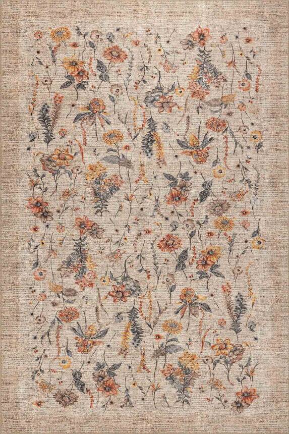 Florart Bej / Turuncu Vintage Dokulu Çiçek Desenli Dokuma Tabanlı Şönil Halı AL 470 - 1