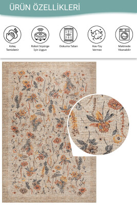 Florart Bej / Turuncu Vintage Dokulu Çiçek Desenli Dokuma Tabanlı Şönil Halı AL 470 - 3