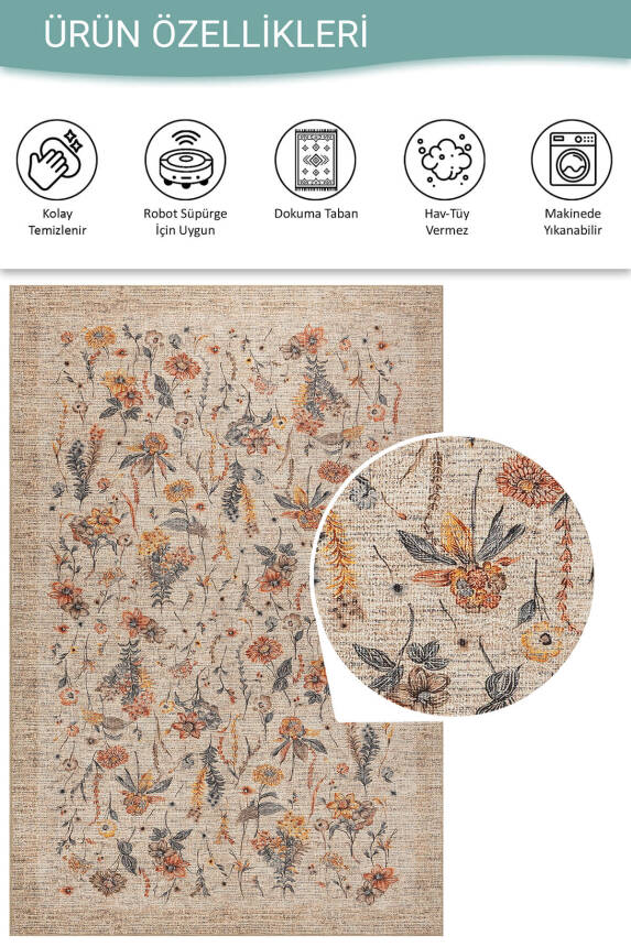 Florart Bej / Turuncu Vintage Dokulu Çiçek Desenli Dokuma Tabanlı Şönil Halı AL 470 - 3