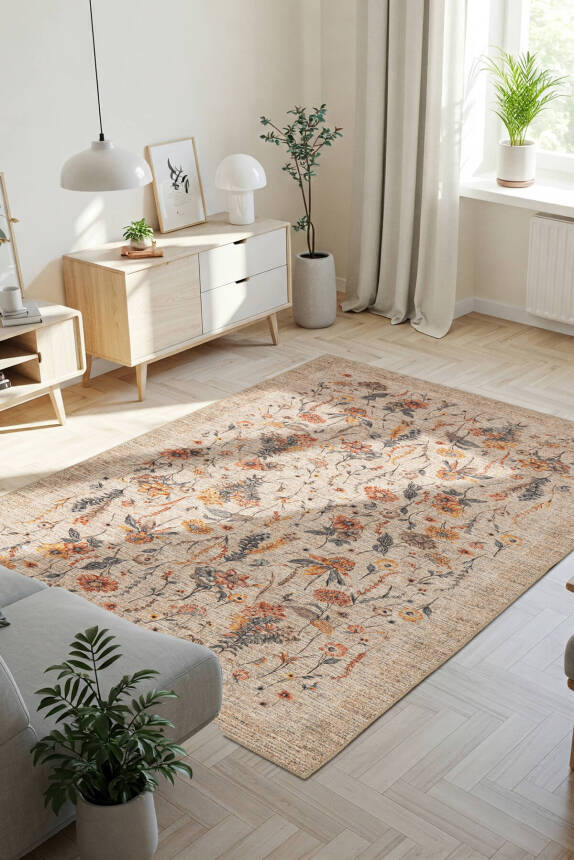 Florart Bej / Turuncu Vintage Dokulu Çiçek Desenli Dokuma Tabanlı Şönil Halı AL 470 - 1