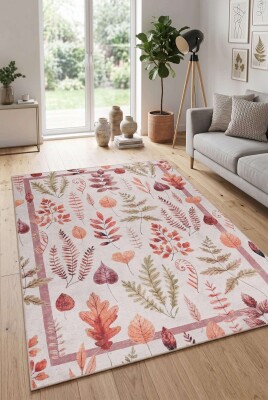 Florart Bej/ Kiremit Renkli Çiçek Desenli Dokuma Tabanlı Modern Şönil Halı AL 536 - Artloop - Florart Halı Koleksiyonu