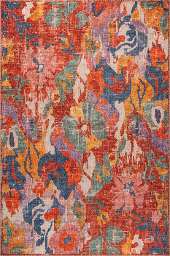 Florart Çok Renkli Floral Çiçek Desenli Modern Dokuma Tabanlı Şönil Halı AL 612 - 2