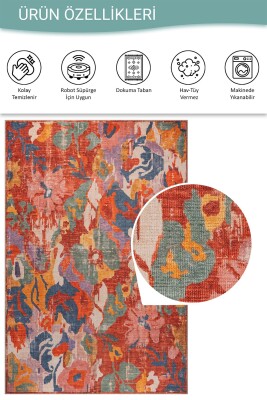 Florart Çok Renkli Floral Çiçek Desenli Modern Dokuma Tabanlı Şönil Halı AL 612 - 6