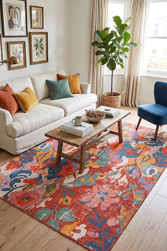 Florart Çok Renkli Floral Çiçek Desenli Modern Dokuma Tabanlı Şönil Halı AL 612 - 1