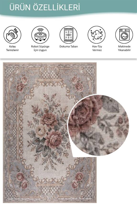 Florart Gri Bej Vintage Goblen Çiçekli Klasik Desenli Dokuma Tabanlı Şönil Halı AL 571 - 5