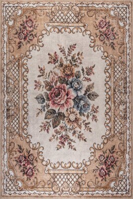 Florart Kahverengi Bej Vintage Goblen Çiçekli Klasik Desenli Dokuma Tabanlı Şönil Halı AL 579 - Artloop