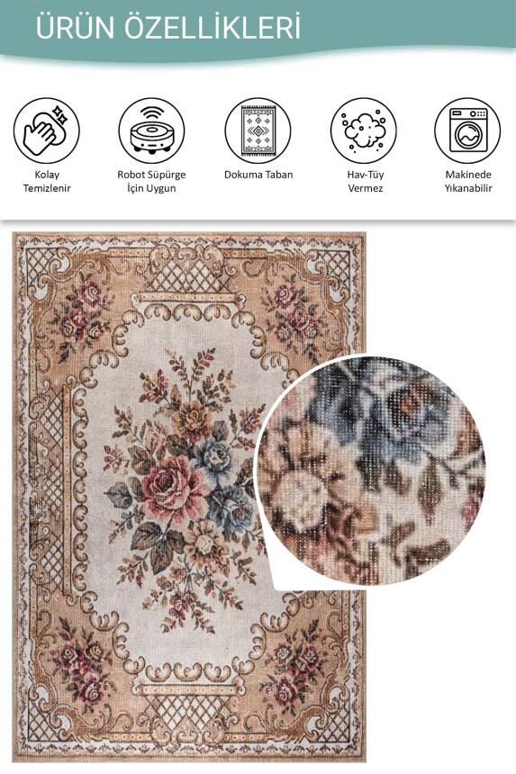 Florart Kahverengi Bej Vintage Goblen Çiçekli Klasik Desenli Dokuma Tabanlı Şönil Halı AL 579 - 5