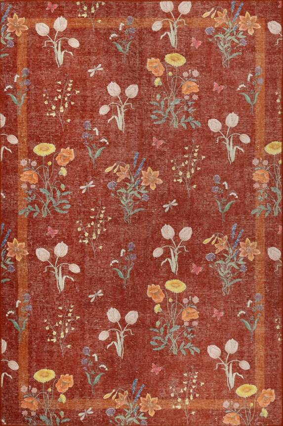 Florart Kiremit / Turuncu Doğa Temalı Çiçekli Dokuma Tabanlı Modern Şönil Halı AL 492 - 2