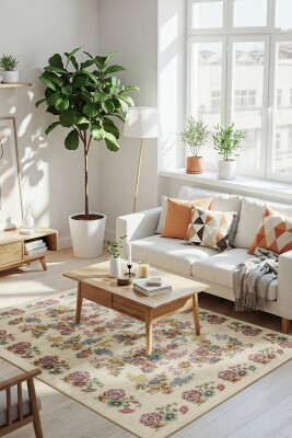 Florart Krem / Çok Renkli Vintage Dokulu Doğa Temalı Çiçekli Dokuma Tabanlı Şönil Halı AL 489 - Artloop