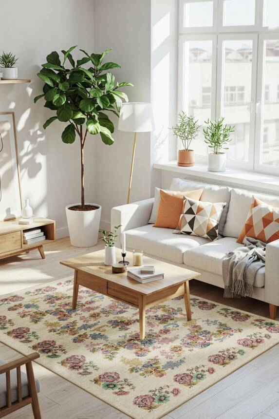 Florart Krem / Çok Renkli Vintage Dokulu Doğa Temalı Çiçekli Dokuma Tabanlı Şönil Halı AL 489 - 1