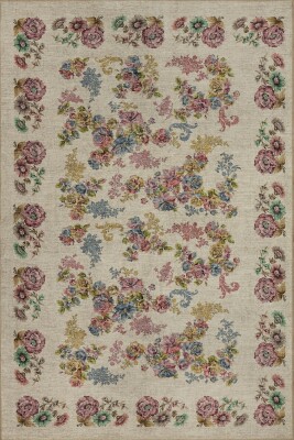 Florart Krem / Çok Renkli Vintage Dokulu Doğa Temalı Çiçekli Dokuma Tabanlı Şönil Halı AL 489 - 2