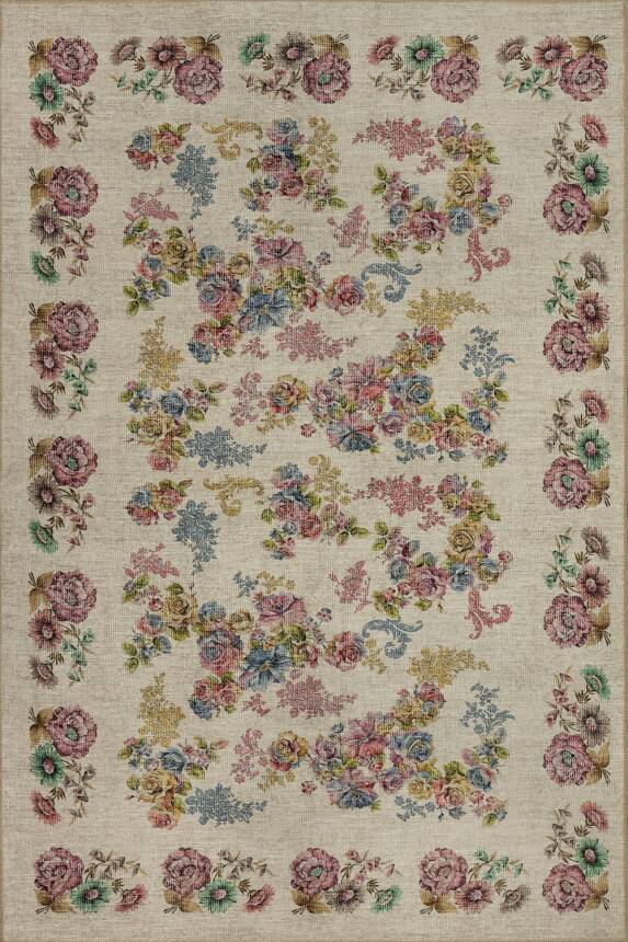 Florart Krem / Çok Renkli Vintage Dokulu Doğa Temalı Çiçekli Dokuma Tabanlı Şönil Halı AL 489 - 2