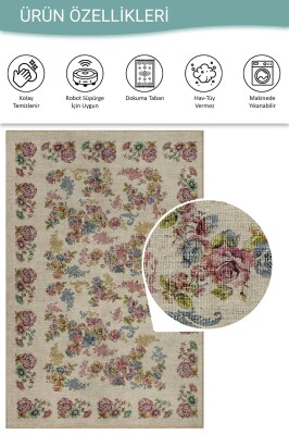 Florart Krem / Çok Renkli Vintage Dokulu Doğa Temalı Çiçekli Dokuma Tabanlı Şönil Halı AL 489 - 4