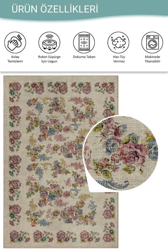 Florart Krem / Çok Renkli Vintage Dokulu Doğa Temalı Çiçekli Dokuma Tabanlı Şönil Halı AL 489 - 4