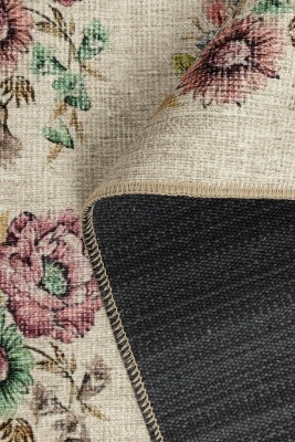 Florart Krem / Çok Renkli Vintage Dokulu Doğa Temalı Çiçekli Dokuma Tabanlı Şönil Halı AL 489 - 5