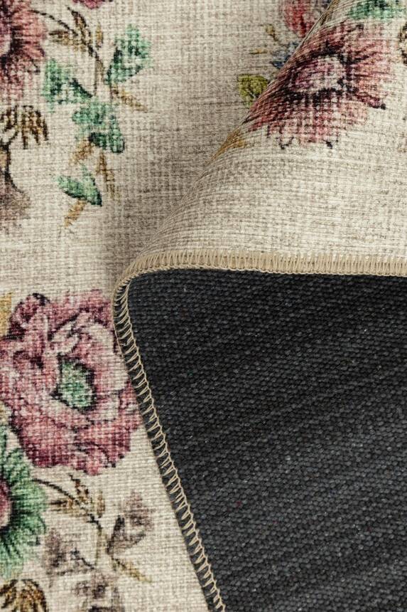 Florart Krem / Çok Renkli Vintage Dokulu Doğa Temalı Çiçekli Dokuma Tabanlı Şönil Halı AL 489 - 5
