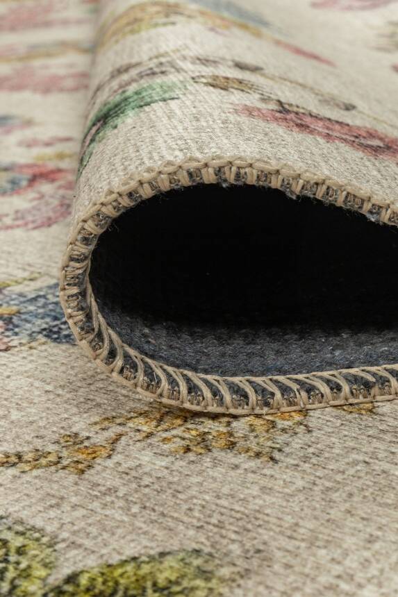 Florart Krem / Çok Renkli Vintage Dokulu Doğa Temalı Çiçekli Dokuma Tabanlı Şönil Halı AL 489 - 6
