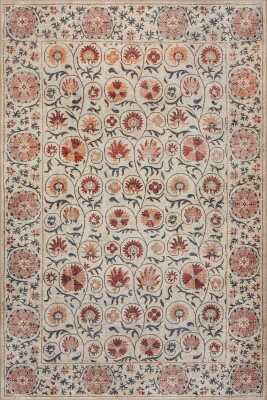 Florart Krem Pembe Suzani Çiçek Motifli Dokuma Tabanlı Şönil Halı AL 555 - 2
