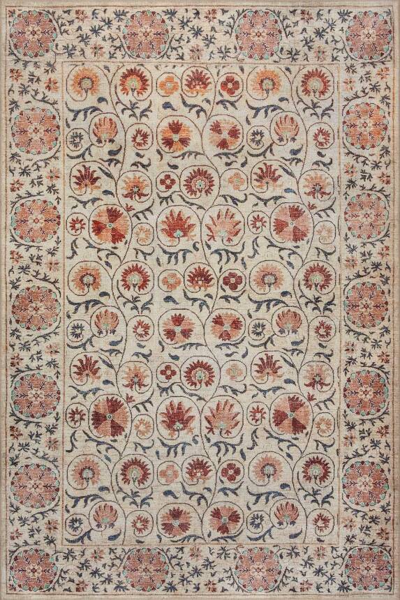 Florart Krem Pembe Suzani Çiçek Motifli Dokuma Tabanlı Şönil Halı AL 555 - 2