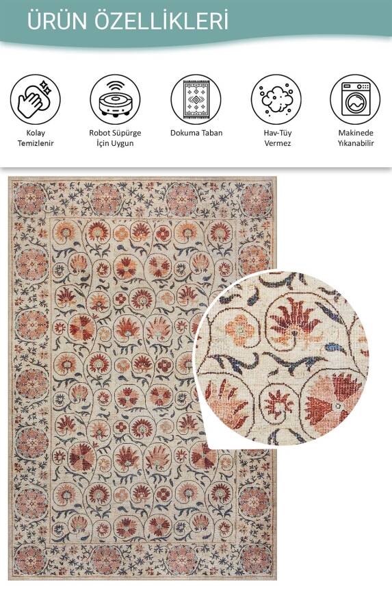 Florart Krem Pembe Suzani Çiçek Motifli Dokuma Tabanlı Şönil Halı AL 555 - 6
