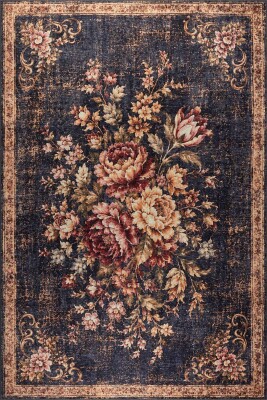 Florart Lacivert Goblen Vintage Çiçek Desenli Dokuma Tabanlı Şönil Halı AL 574 - 2