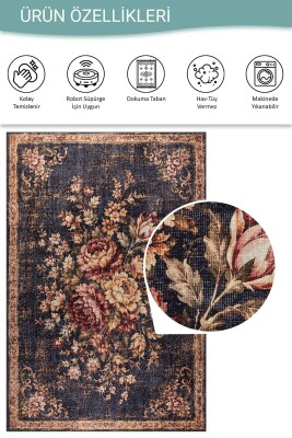 Florart Lacivert Goblen Vintage Çiçek Desenli Dokuma Tabanlı Şönil Halı AL 574 - 6