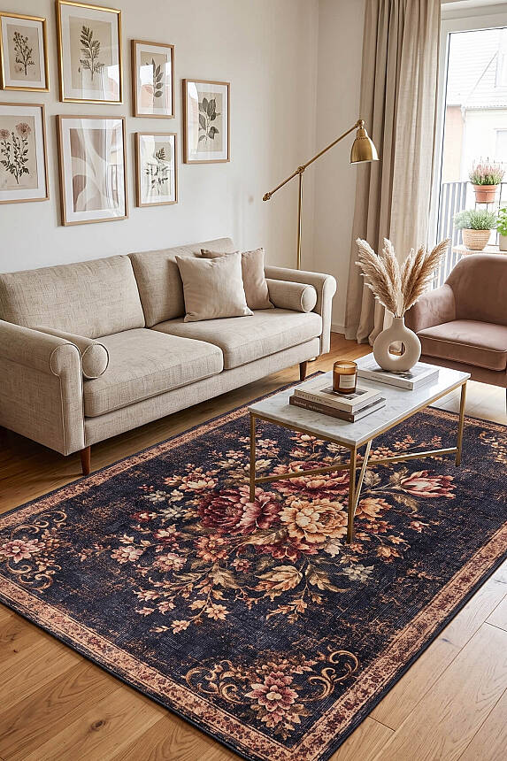 Florart Lacivert Goblen Vintage Çiçek Desenli Dokuma Tabanlı Şönil Halı AL 574 - 1