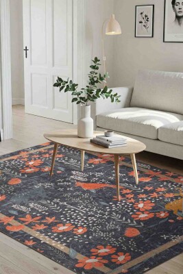 Florart Lacivert / Turuncu Doğa Temalı Çiçekli Dokuma Tabanlı Modern Şönil Halı AL 480 - 1
