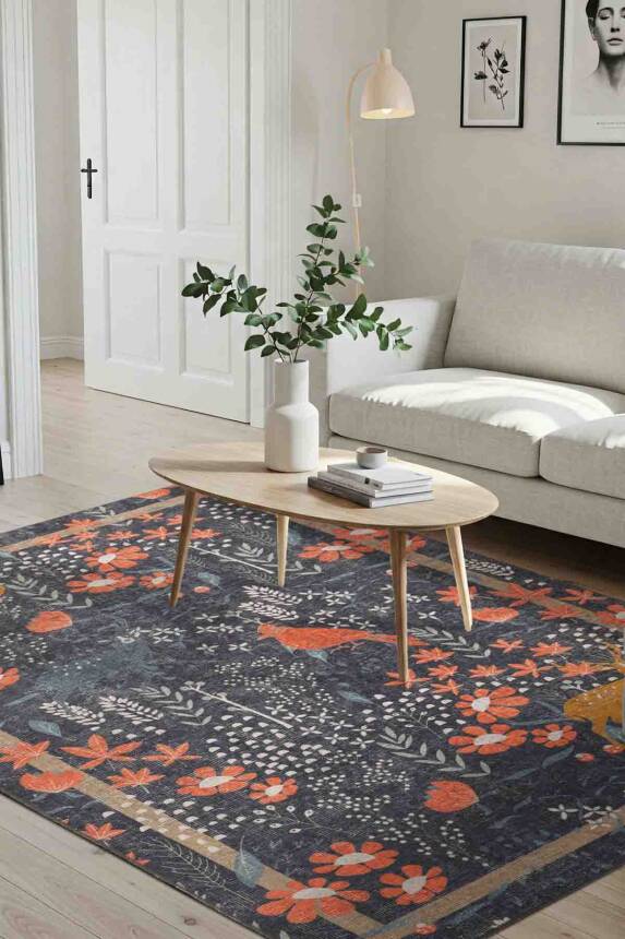 Florart Lacivert / Turuncu Doğa Temalı Çiçekli Dokuma Tabanlı Modern Şönil Halı AL 480 - 1