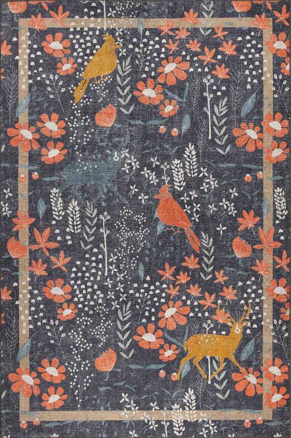 Florart Lacivert / Turuncu Doğa Temalı Çiçekli Dokuma Tabanlı Modern Şönil Halı AL 480 - 2