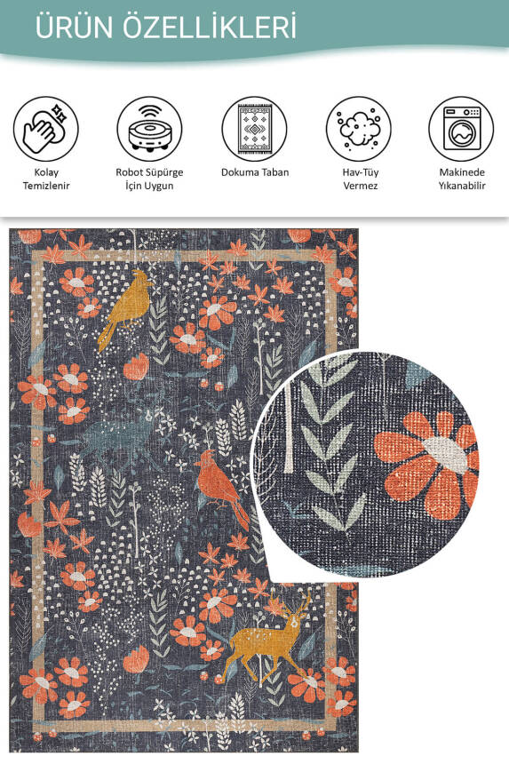 Florart Lacivert / Turuncu Doğa Temalı Çiçekli Dokuma Tabanlı Modern Şönil Halı AL 480 - 4