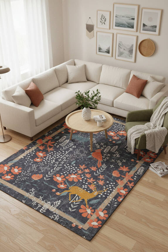 Florart Lacivert / Turuncu Doğa Temalı Çiçekli Dokuma Tabanlı Modern Şönil Halı AL 480 - 1