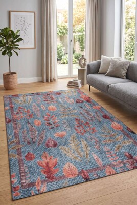Florart Mavi Çiçek Desenli Dokuma Tabanlı Modern Şönil Halı AL 548 - Artloop - Mavi Halılar