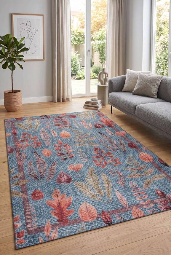 Florart Mavi Çiçek Desenli Dokuma Tabanlı Modern Şönil Halı AL 548 - 1