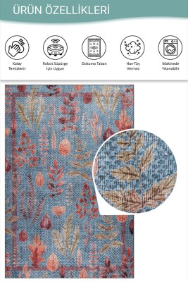 Florart Mavi Çiçek Desenli Dokuma Tabanlı Modern Şönil Halı AL 548 - 5