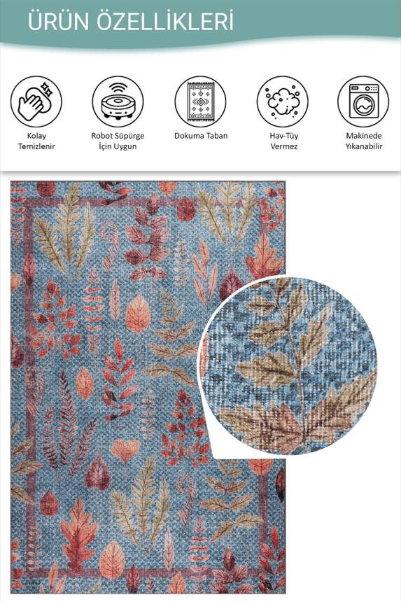 Florart Mavi Çiçek Desenli Dokuma Tabanlı Modern Şönil Halı AL 548 - 5