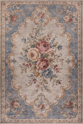 Florart Mavi Krem Vintage Floral Gül Desenli Dokuma Tabanlı Şönil Halı AL 607 - Artloop - Mavi Halılar