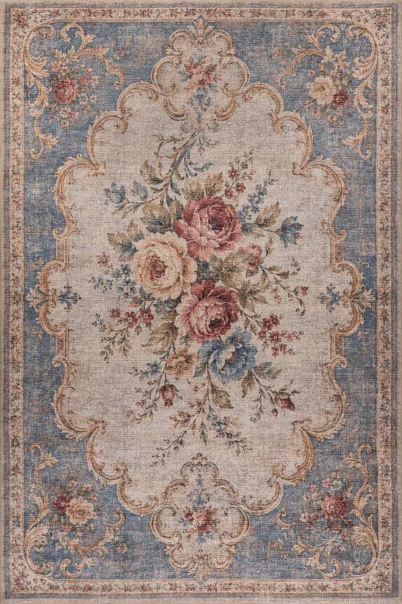 Florart Mavi Krem Vintage Floral Gül Desenli Dokuma Tabanlı Şönil Halı AL 607 - 1