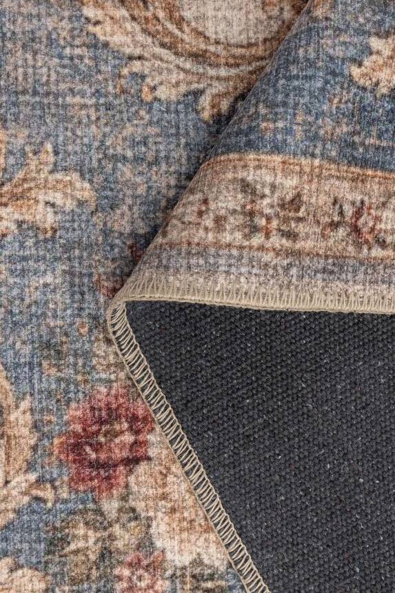 Florart Mavi Krem Vintage Floral Gül Desenli Dokuma Tabanlı Şönil Halı AL 607 - 3