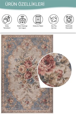 Florart Mavi Krem Vintage Floral Gül Desenli Dokuma Tabanlı Şönil Halı AL 607 - 5