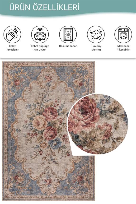 Florart Mavi Krem Vintage Floral Gül Desenli Dokuma Tabanlı Şönil Halı AL 607 - 5