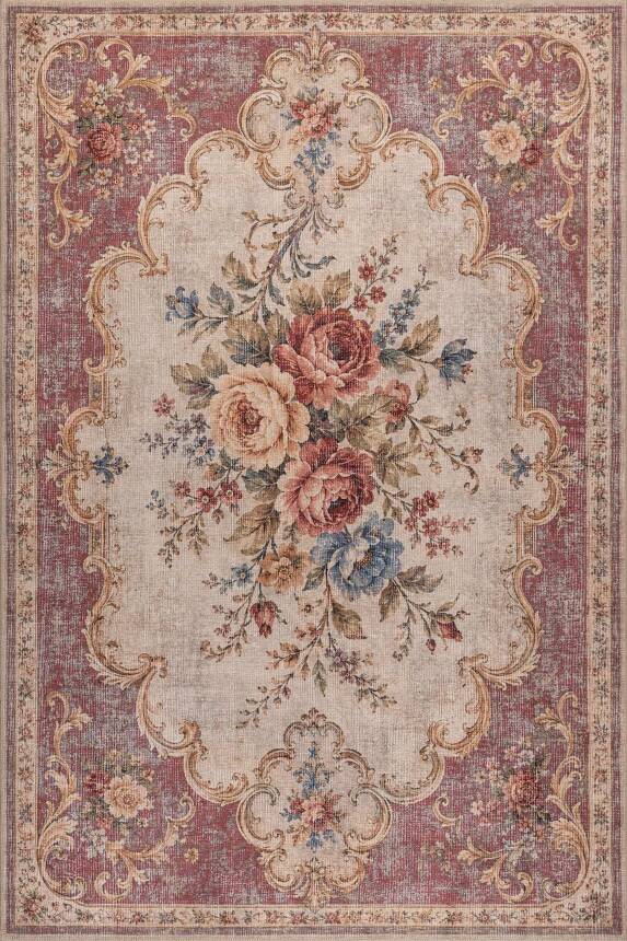 Florart Pembe Krem Vintage Floral Goblen Gül Desenli Dokuma Tabanlı Şönil Halı AL 621 - 2