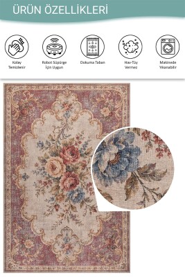 Florart Pembe Krem Vintage Floral Goblen Gül Desenli Dokuma Tabanlı Şönil Halı AL 621 - 6