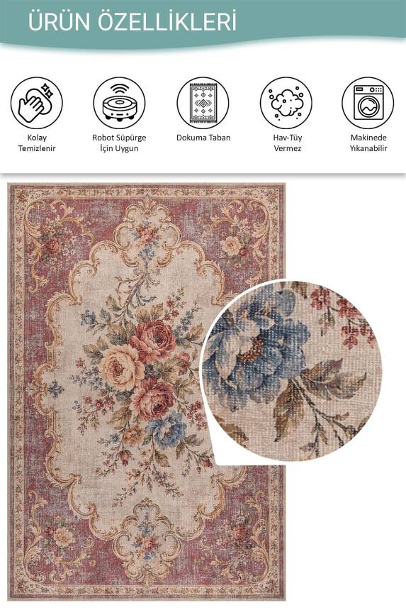 Florart Pembe Krem Vintage Floral Goblen Gül Desenli Dokuma Tabanlı Şönil Halı AL 621 - 6