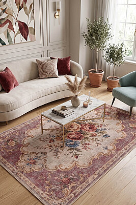Florart Pembe Krem Vintage Floral Goblen Gül Desenli Dokuma Tabanlı Şönil Halı AL 621 - Artloop - Krem Halılar