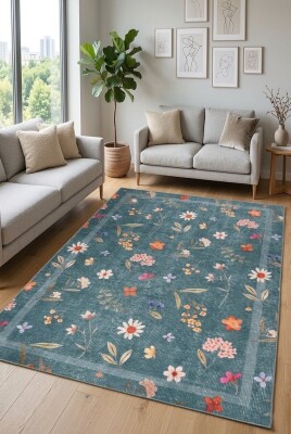 Florart petrol Yeşilii Çiçek Desenli Dokuma Tabanlı Modern Şönil Halı AL 549 - Artloop - Florart Halı Koleksiyonu